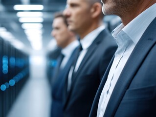 Serious businessmen standing in profile inside a modern, blur-lit data center or server room aisle.