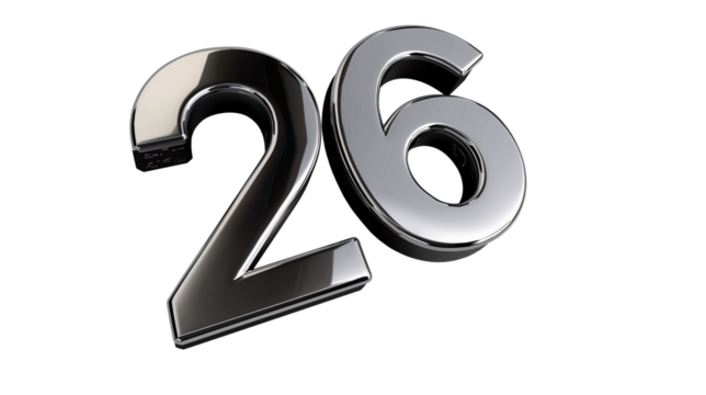 3D chrome-style numeral for modern design and anniversary visuals. 3d text, glossy typography, 3d rendering, sale discount, Isolated on transparent background, png