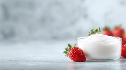 Blurred yogurt cup background, creamy white texture in glass bowl, fresh strawberries in soft focus, dreamy bokeh blur, clean minimal composition, wide blank copy space for text placement.