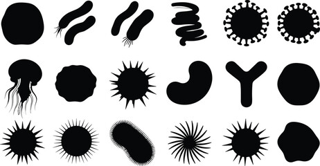 Black silhouettes of diverse microorganisms bacteria viruses protozoa microscopic life forms scientific biology vector icons isolated shapes educational illustration