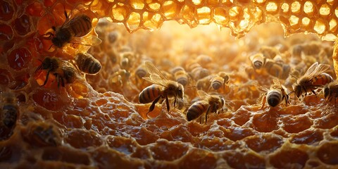 view showcasing a busy scene within a bee colony, highlighting honeycomb cells filled with glistening, golden honey and numerous bees in action, creating a sense of warmth and natural beauty