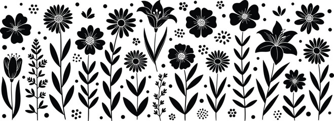 Black and white floral silhouette pattern with decorative flowers, leaves, tulips, lilies, daisies, botanical design, seamless background, ornamental vector illustration
