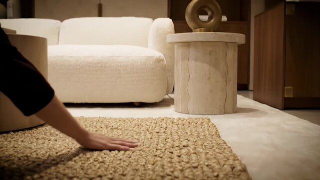 Close-up of an interior designer's hand touching the texture of a natural jute rug in a contemporary living room, showcasing a white boucl&eacute; sofa and travertine side table with a stylish lamp