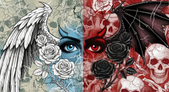 Angel demon art digital painting fantasy illustration good versus evil duality wings skull roses - Powered by Adobe