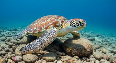 Fototapeta premium Sea Turtle Resting on Rocky Seabed in Clear Blue Tropical Ocean Water