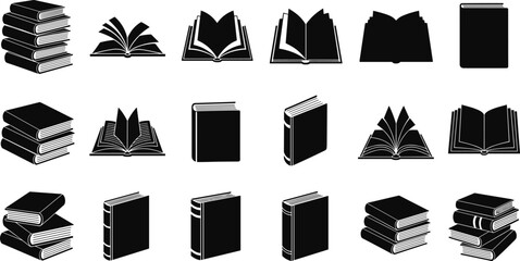 Black and white book icons set, open and closed books, stacked books, reading symbols, education, literature, publishing, vector illustration