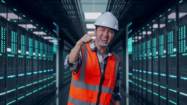 Angry Asian Male Engineer With Safety Helmet Shouting At Someone While Standing in Server Room Data Center