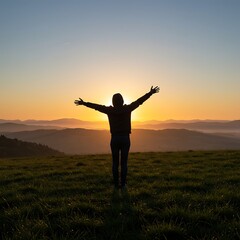 Fototapeta premium Person with Arms Wide Open Enjoying Mountain Sunrise