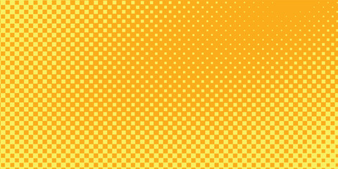 Aesthetic Yellow orange halftone pattern. Retro comic gradient background. Square pixilated dot cartoon texture. Pop art faded gradient pattern. Vector backdrop.Eps 10