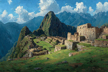 Majestic ancient Inca citadel of Machu Picchu in the Andes Mountains, Peru, showcasing stone structures and breathtaking scenery under a blue sky with clouds