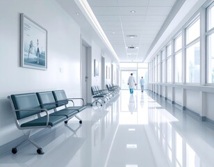 Fototapeta premium Clean Hospital Interior with White Walls, Benches, and Distant Medical Staff for Healthcare Concepts