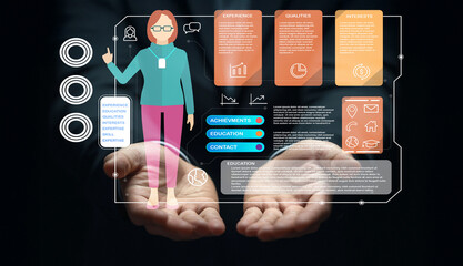 Professional woman presenting futuristic digital interface for skills assessment and personal branding in business environment with data visualization elements