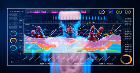 Futuristic Data Analysis Interface with Mixed Reality Visuals and Human Interaction in a Tech-Savvy Environment