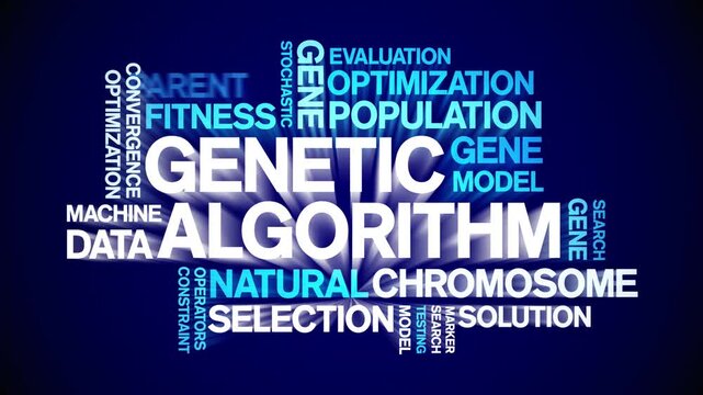 Genetic Algorithm animated word cloud-text design animation tag kinetic typography seamless loop.