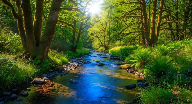 Sunlight Streams Through Lush Green Forest Onto a Clear Rocky River