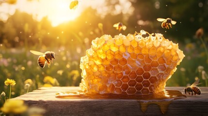 Golden sunlight bathes a wooden surface and glistening honeycomb, surrounded by busy bees in flight, with a blurred background of lush greenery and wildflowers, creating a vibrant, warm, and natural