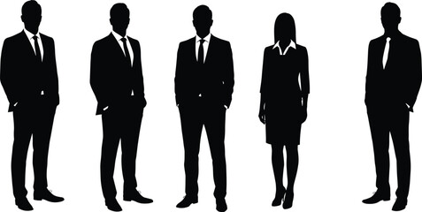 Business silhouette, professional people, corporate team, office worker, male female figure, standing pose, vector illustration, black design, human group, staff