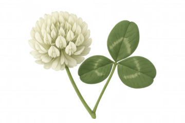 White clover flower and three-leaf clover leaf with transparent background representing luck and nature