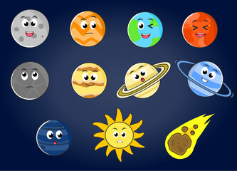 Naklejka premium Set of cartoon planets with expression