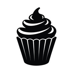 Cupcake or Muffin Icon with Swirl Frosting in Black Silhouette.