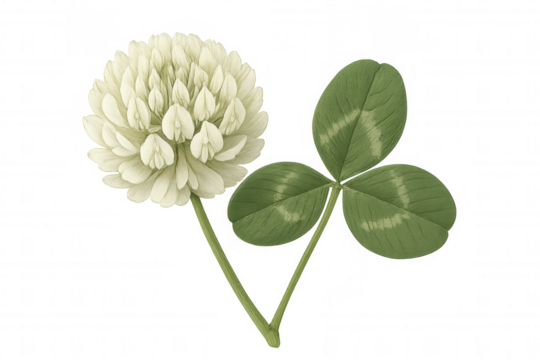 White clover flower and three-leaf clover leaf with transparent background representing luck and nature