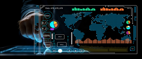 Interactive Digital Dashboard for Data Analysis with World Map and Graphs Showcasing Business Insights and Real-time Information Visualization