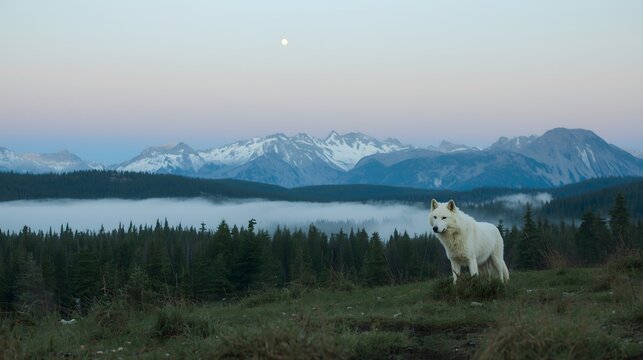 Majestic white wolf standing on a grassy ridge overlooking a mist-filled alpine valley, surrounded by towering snow-capped mountains and evergreen forest at dawn, capturing the spirit of wilderness an