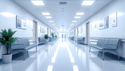 Obraz premium Clean Hospital Interior with White Walls, Benches, and Distant Medical Staff for Healthcare Concepts