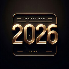 Minimalist 3D Metallic Gold Happy New Year 2026 Logo on Dark Background