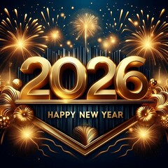 Luxury Happy New Year 2026 Glitter and Gold 3D Typography with Ornate Swirls