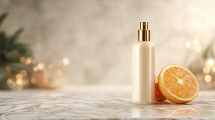 Naklejka premium Elegant blank lotion bottle with no logo, placed beside sliced orange on marble surface, golden warm lighting, blurred luxury background with soft bokeh, minimal clean composition, wide copy space.