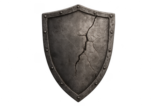 Metal shield cracked from impact on transparent background