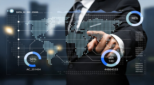Business professional interacting with digital world map and data analytics dashboard for modern technology and global networking concepts