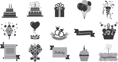 Celebration icons vector set birthday anniversary party design