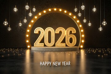 Happy New Year 2026 Retro Marquee Light Design on Stage Backdrop