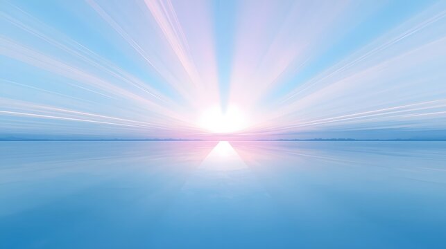Surreal seascape with calm reflective ocean extending toward the horizon where radiant pastel light beams rise into the clear blue sky, creating an ethereal dreamlike atmosphere of tranquility and won