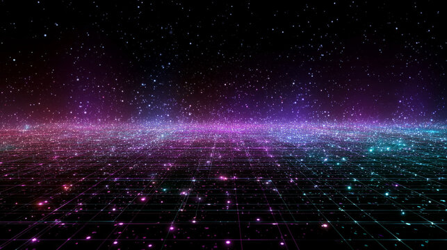 Futuristic cyberspace with a glowing digital grid network, depicting virtual space and advanced cyber technology, ideal for tech, digital, and sci-fi visuals.