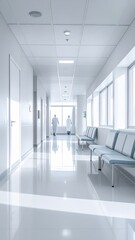 Clean Hospital Interior with White Walls, Benches, and Distant Medical Staff for Healthcare Concepts