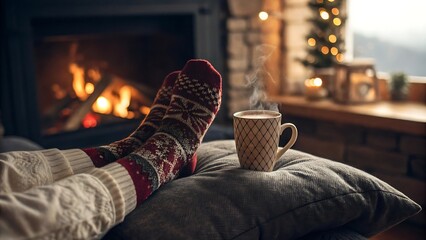 Relaxing with Warm Socks and a Mug on an Ottoman