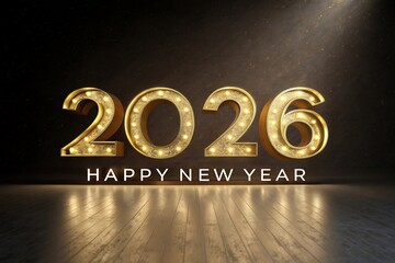 Happy New Year 2026 Retro Marquee Golden Sign with Glowing Light Bulbs