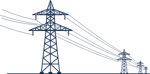 High voltage transmission towers, electricity pylons, power lines, steel lattice structure, energy distribution, rural landscape, perspective view, electrical infrastructure, grid system