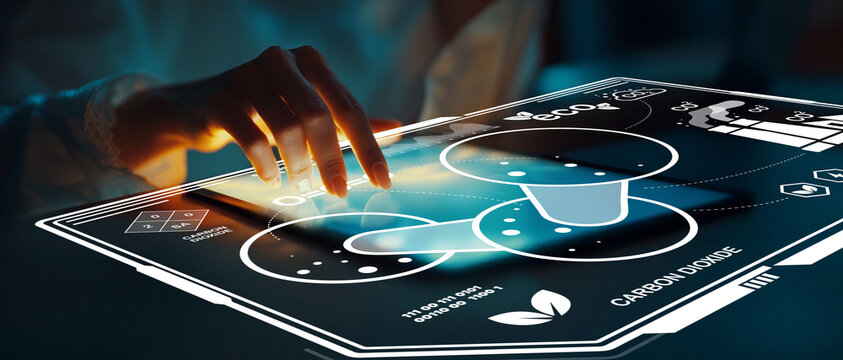 Advanced touchscreen interface displaying carbon dioxide data and environmental metrics, showcasing technology integration in sustainable practices and innovation. - Powered by Adobe