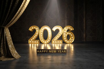 Happy New Year 2026 Marquee Light Sign on Stage with Golden Curtains and Spotlight