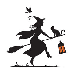 Halloween Witch Flying on Broomstick with Black Cat Silhouette Vector Illustration