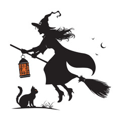 Halloween Witch Flying on Broomstick with Black Cat Silhouette Vector Illustration