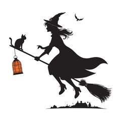 Halloween Witch Flying on Broomstick with Black Cat Silhouette Vector Illustration
