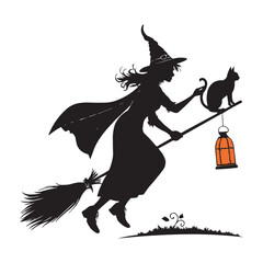 Halloween Witch Flying on Broomstick with Black Cat Silhouette Vector Illustration