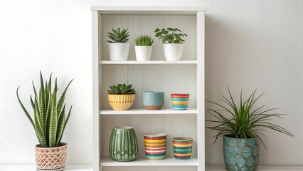 White Bookshelf with Plants and Ceramic Decor