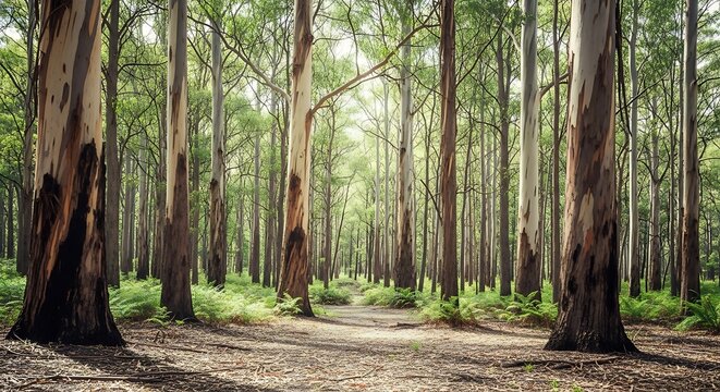 Sunlit Eucalyptus Forest Path with Tall Trees. - Powered by Adobe