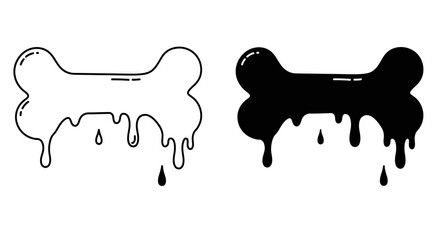 Two bone shapes dripping liquid a white outline and a solid black shape representing a dog treat isolated on white background